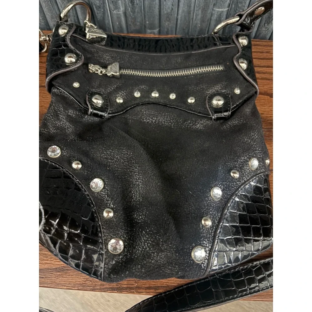 Kathy Van Zeeland Black Croc Studded Crossbody Bag Y2K Silver Hardware